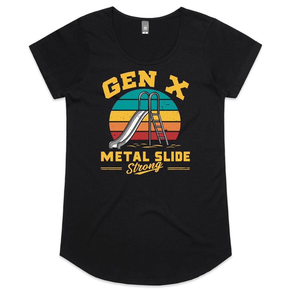 Gen X, Metal Slide Strong Women's AS Colour Scoop Neck T-Shirt Black Womens Scoop Neck T-shirt Printed In Australia