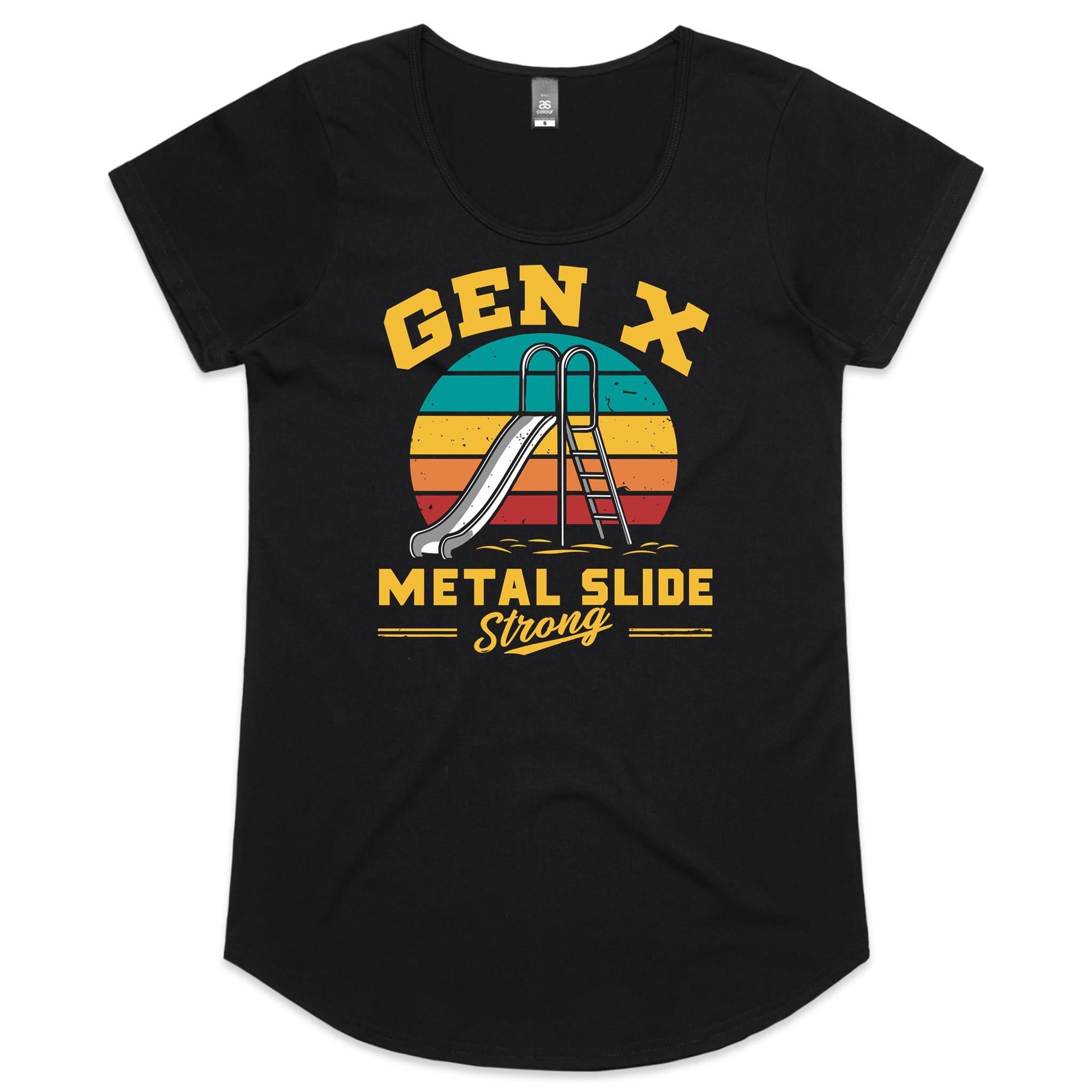 Gen X, Metal Slide Strong - Womens Scoop Neck T-Shirt Black Womens Scoop Neck T-shirt Printed In Australia