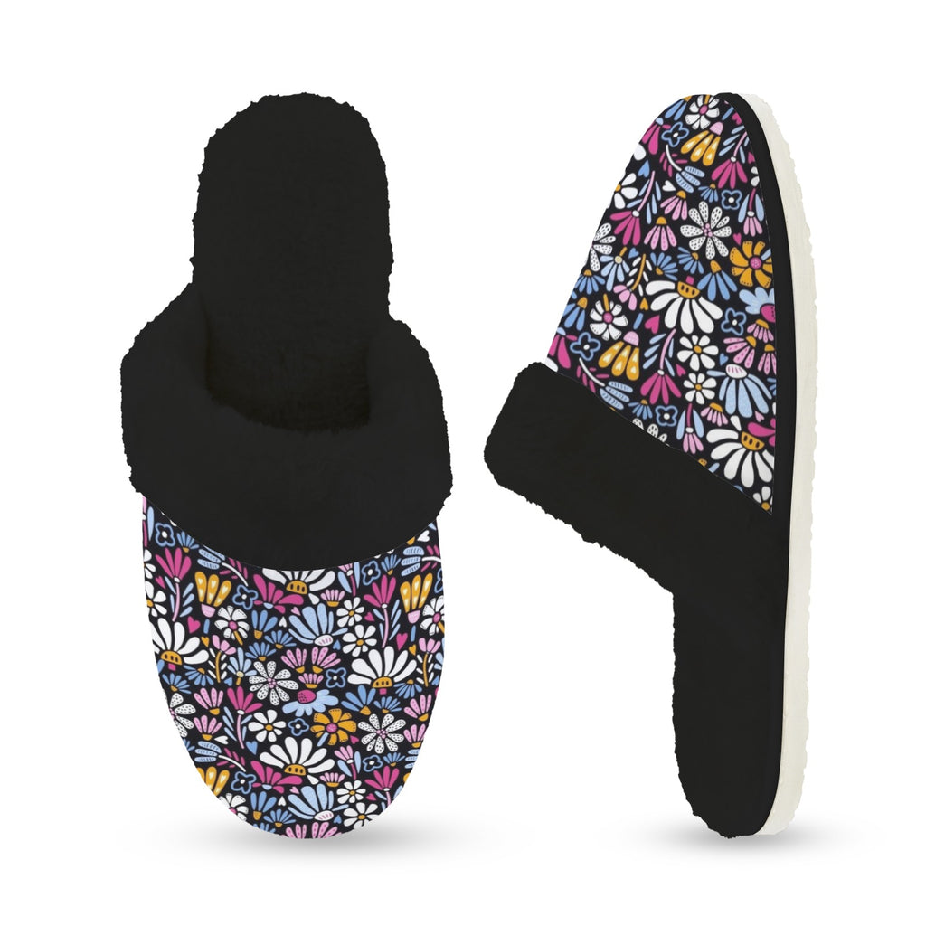 Graphic Flowers On Black Women's Fur Trim Thick-Sole Indoor Slippers Women's Fur Trimmed Slippers Plants Printed Offshore