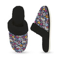 Graphic Flowers On Black Women's Fur Trim Thick-Sole Indoor Slippers Women's Fur Trimmed Slippers Plants Printed Offshore