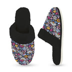 Graphic Flowers On Black Women's Fur Trim Thick-Sole Indoor Slippers Women's Fur Trimmed Slippers Plants Printed Offshore