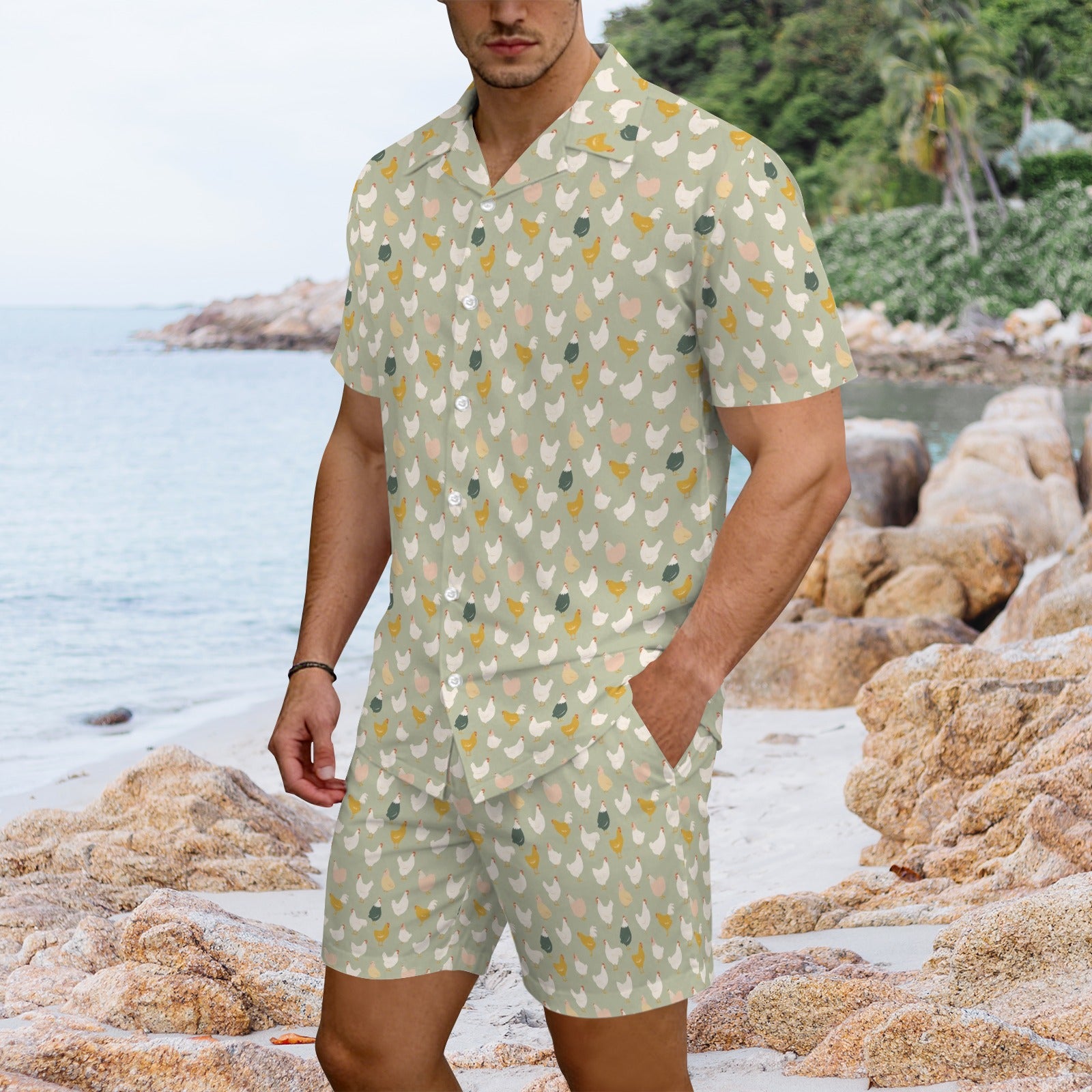 Chicken Life Men's Hawaiian Shirt & Shorts Set Men's Hawaiian Shirt & Shorts Set animal Printed Offshore