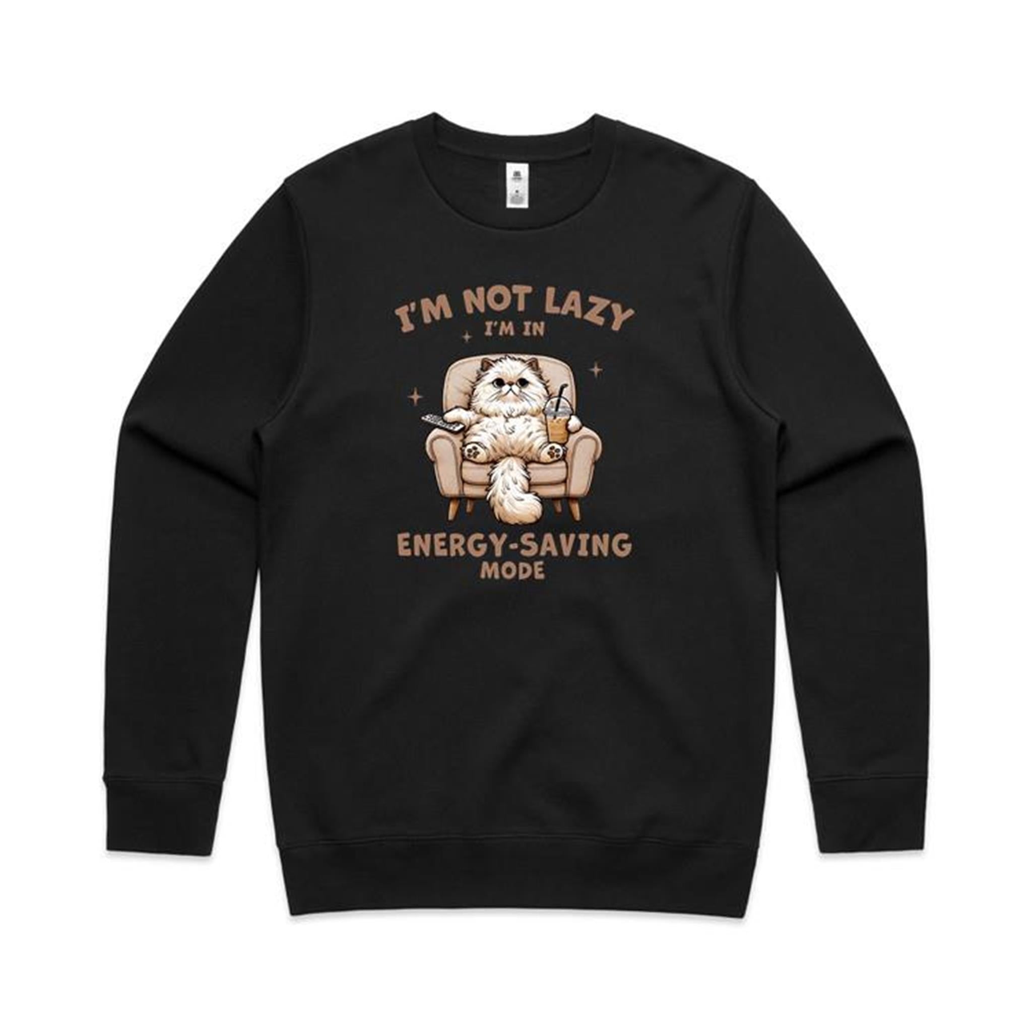 I'm Not Lazy, I'm In Energy Saving Mode, Cat - AS Colour Stencil Crew Sweatshirt Black Sweatshirt animal Printed In Australia