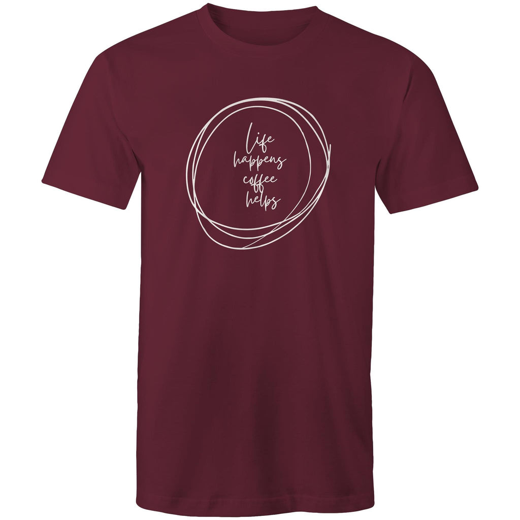 Life Happens, Coffee Helps - Mens T-Shirt Burgundy Mens T-shirt Coffee Printed In Australia