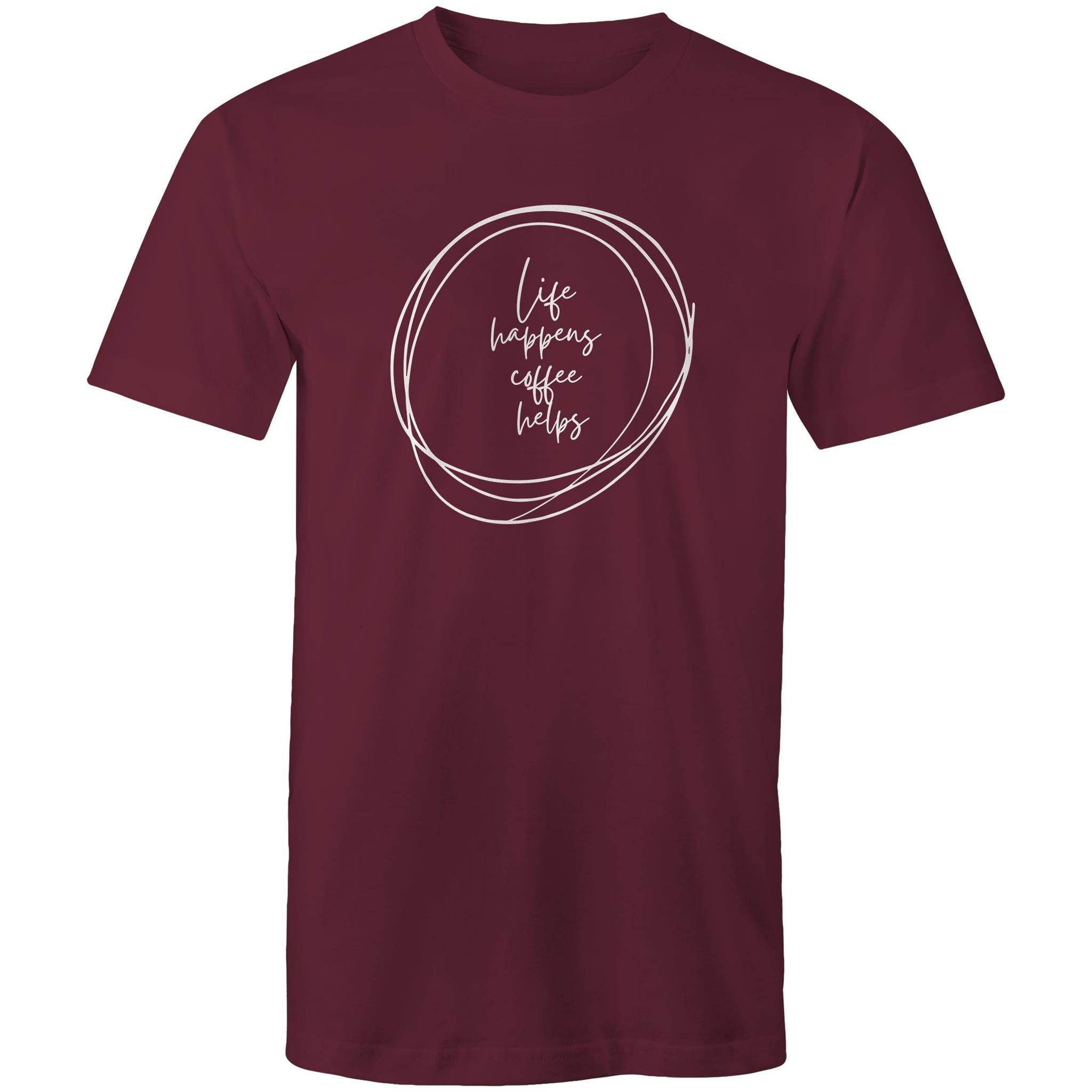 Life Happens, Coffee Helps - Mens T-Shirt Burgundy Mens T-shirt Coffee Printed In Australia
