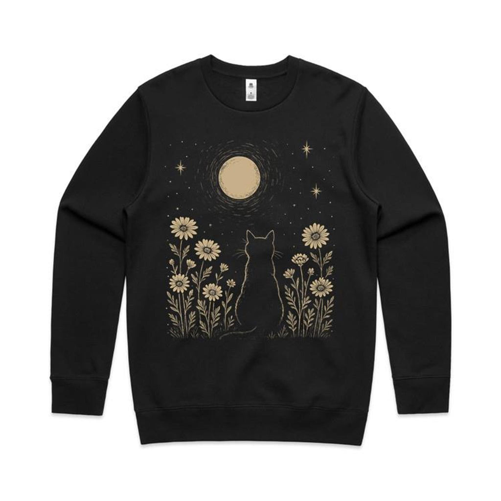 Whimsical Cat And Moon AS Colour Stencil Crew Sweatshirt Unisex Black Sweatshirt animal Printed In Australia