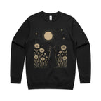 Whimsical Cat And Moon AS Colour Stencil Crew Sweatshirt Unisex Black Sweatshirt animal Printed In Australia