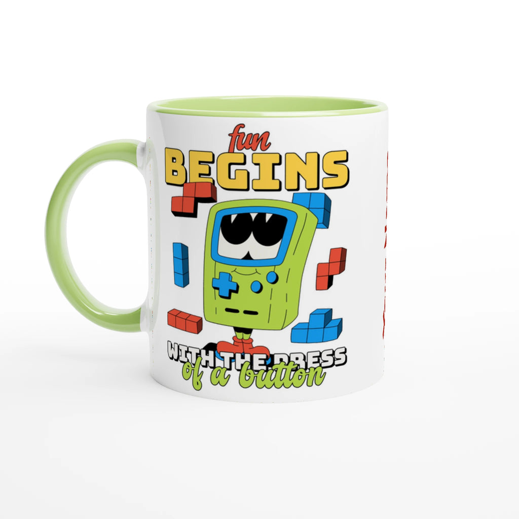 Personalised - Fun Begins With The Press Of A Button - White 11oz Ceramic Mug White 11oz Ceramic Mug with Color Inside Ceramic Green Personalised 11oz Mug customise Games Globally Fulfilled personalise