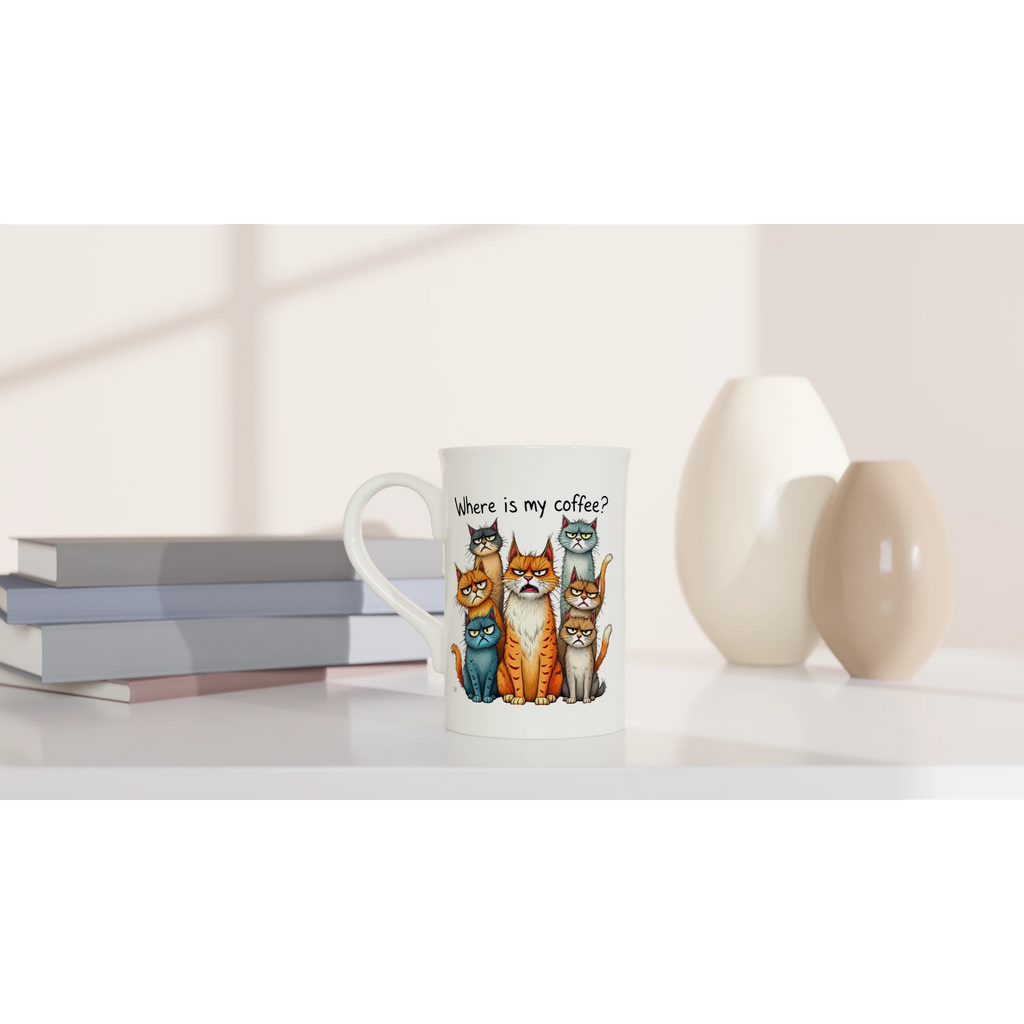 Where Is My Coffee, Cranky Cats - White 10oz Porcelain Slim Mug Porcelain Mug animal Coffee Globally Fulfilled