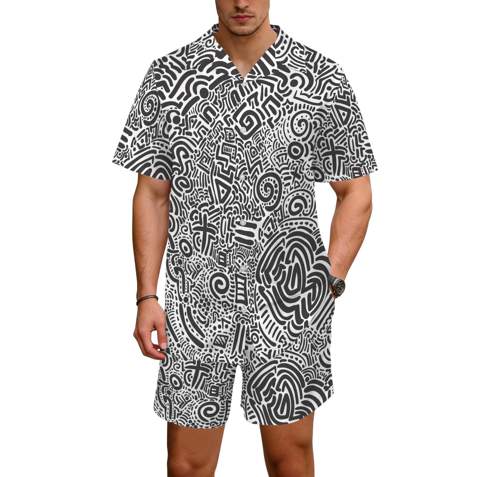 Black And White Abstract Men's Hawaiian Shirt & Shorts Set Men's Hawaiian Shirt & Shorts Set Printed Offshore