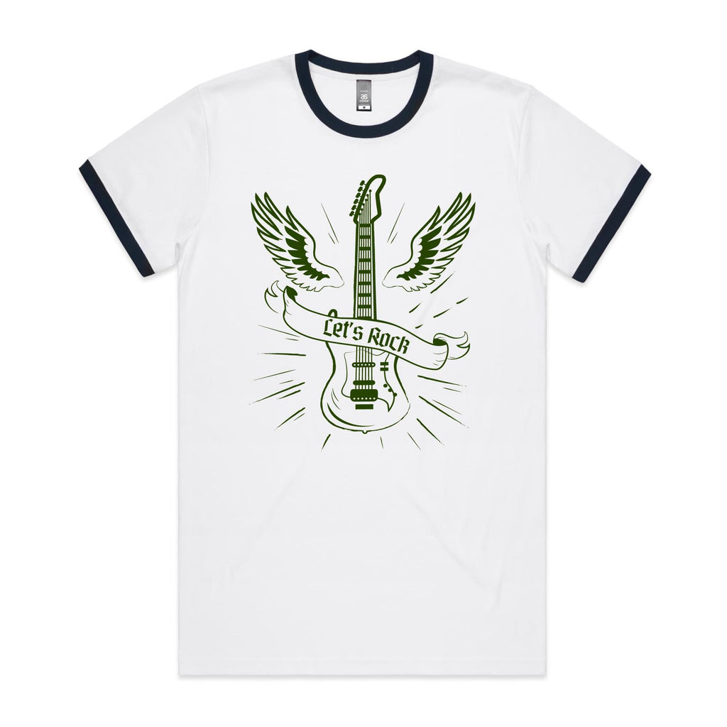 Let's Rock, Guitar - Staple Ringer Tee White Navy Ringer T-Shirt Music Printed In Australia