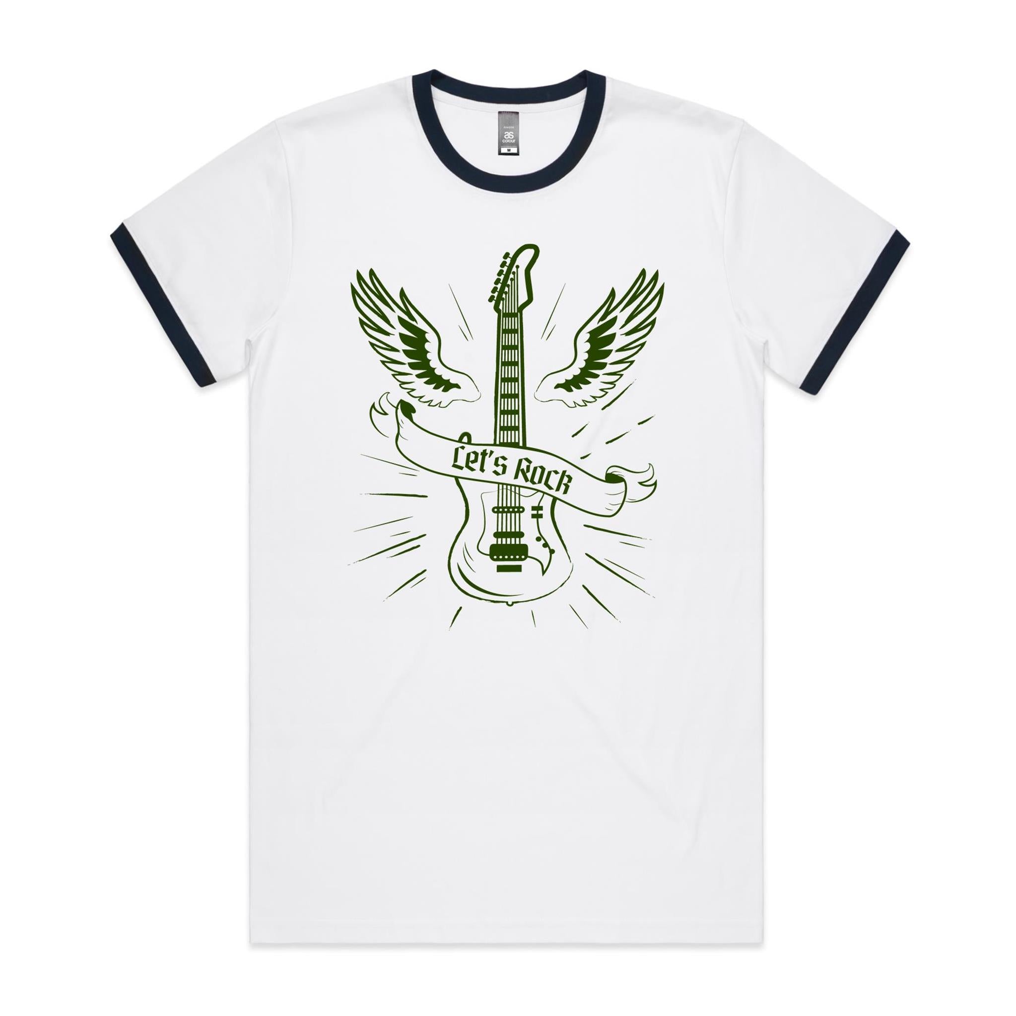 Let's Rock, Guitar - Staple Ringer Tee White Navy Ringer T-Shirt Music Printed In Australia