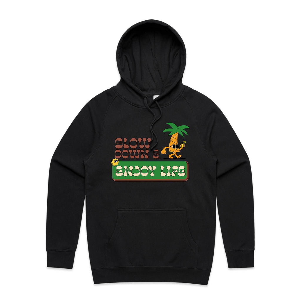 Slow Down And Enjoy Life, Palm Tree - Mens Hoodie Black Mens Hoodie Printed In Australia Summer