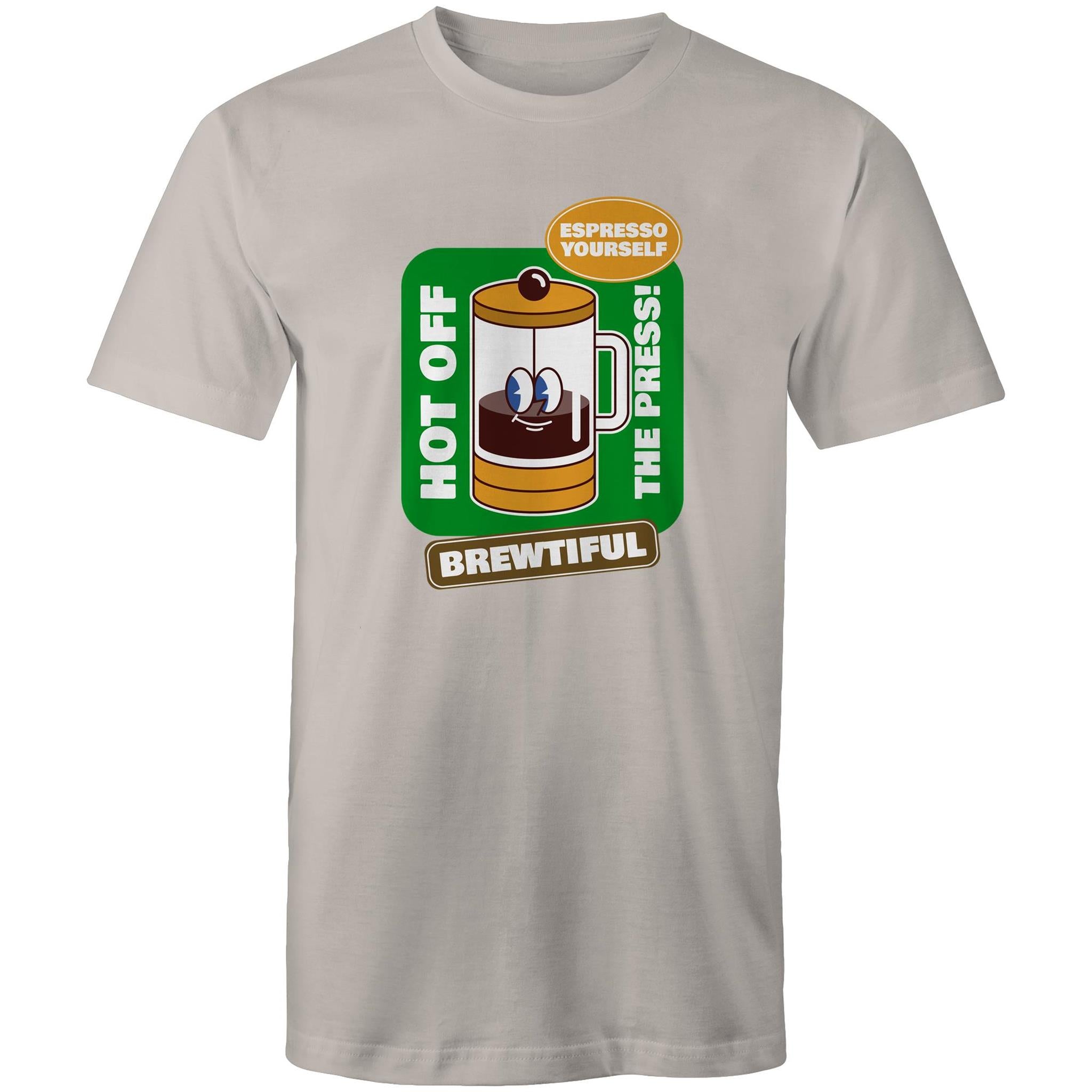 Brewtiful, Coffee Plunger, Espresso Yourself - Mens T-Shirt Light Grey Mens T-shirt Coffee Printed In Australia