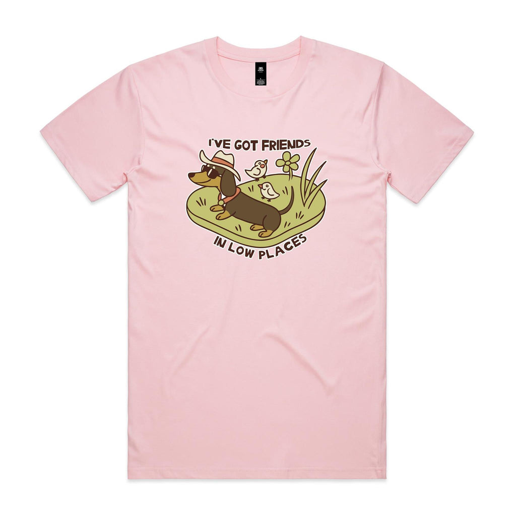 Dachshund, I've Got Friends In Low Places Men's AS Colour T-shirt Pink Mens T-shirt animal Printed In Australia