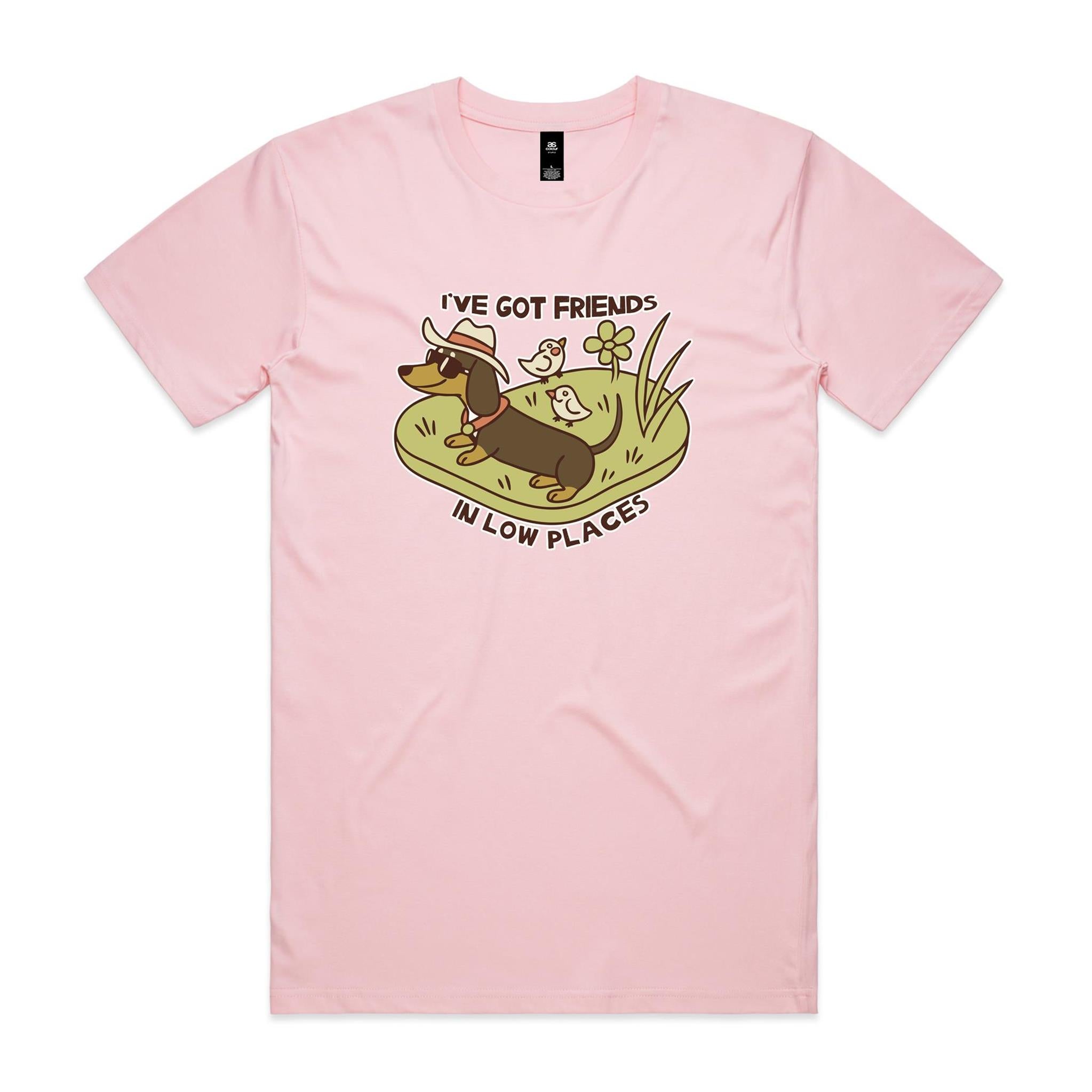 Dachshund, I've Got Friends In Low Places Men's AS Colour T-shirt Pink Mens T-shirt animal Printed In Australia