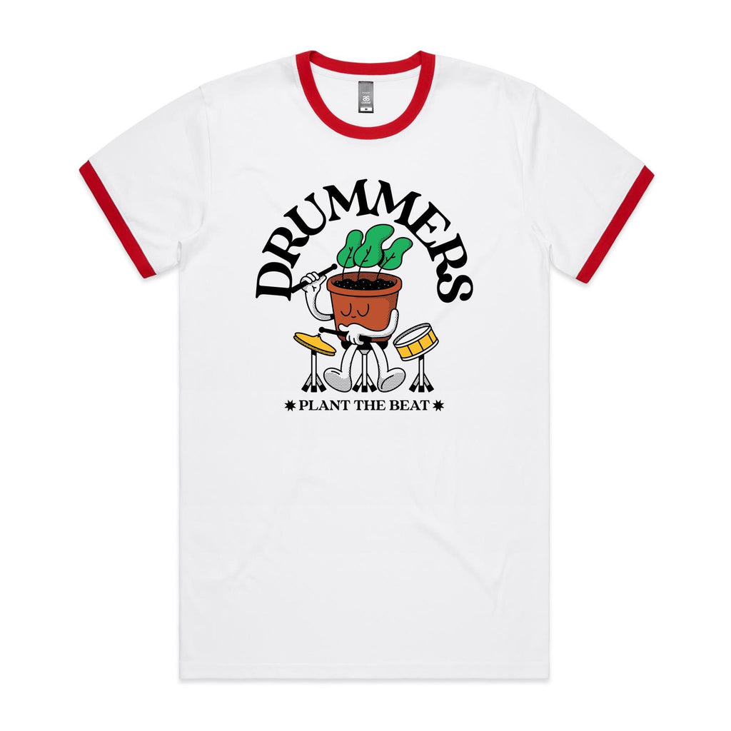 Drummers Plant The Beat - Staple Ringer Tee White Red Ringer T-Shirt Music Printed In Australia