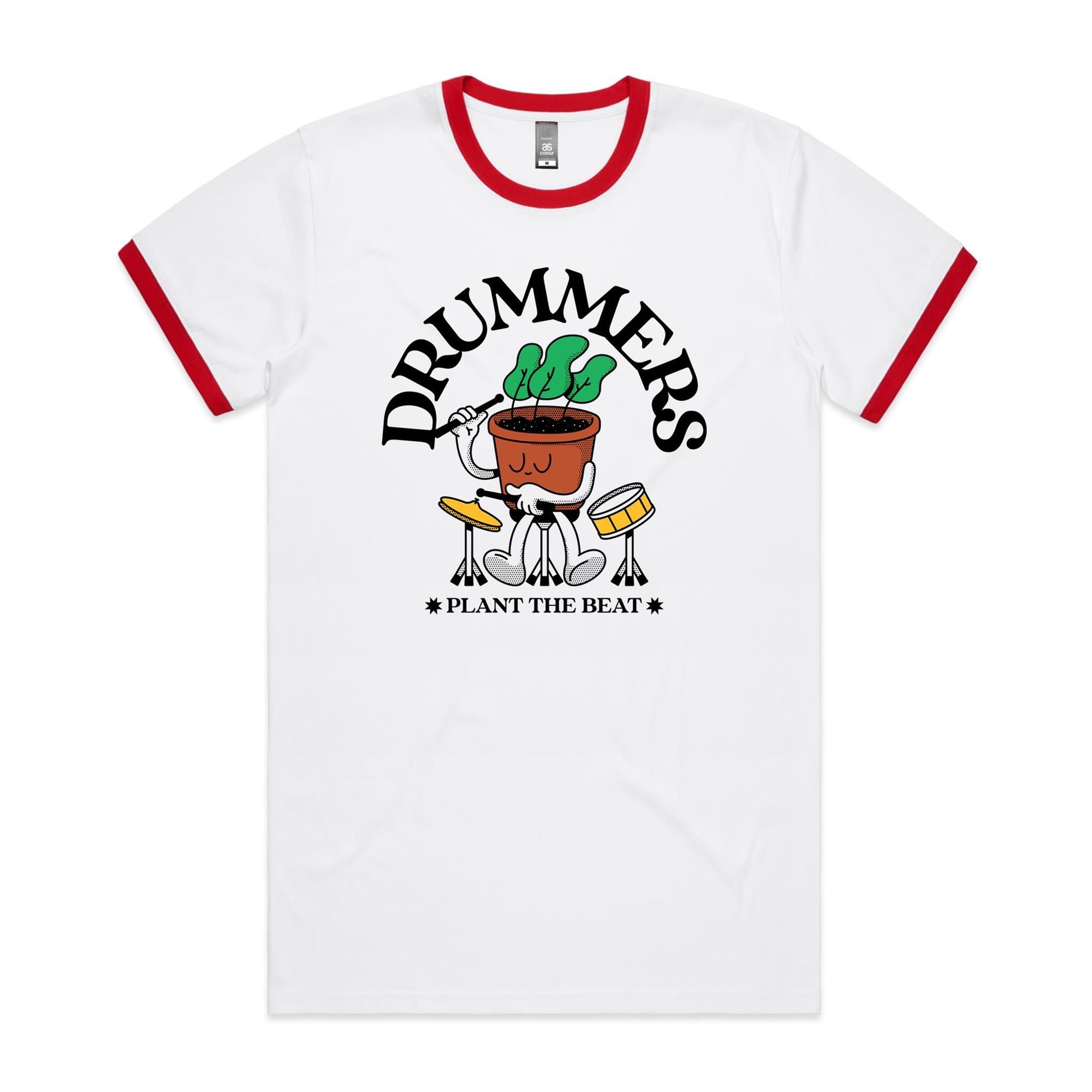 Drummers Plant The Beat - Staple Ringer Tee White Red Ringer T-Shirt Music Printed In Australia