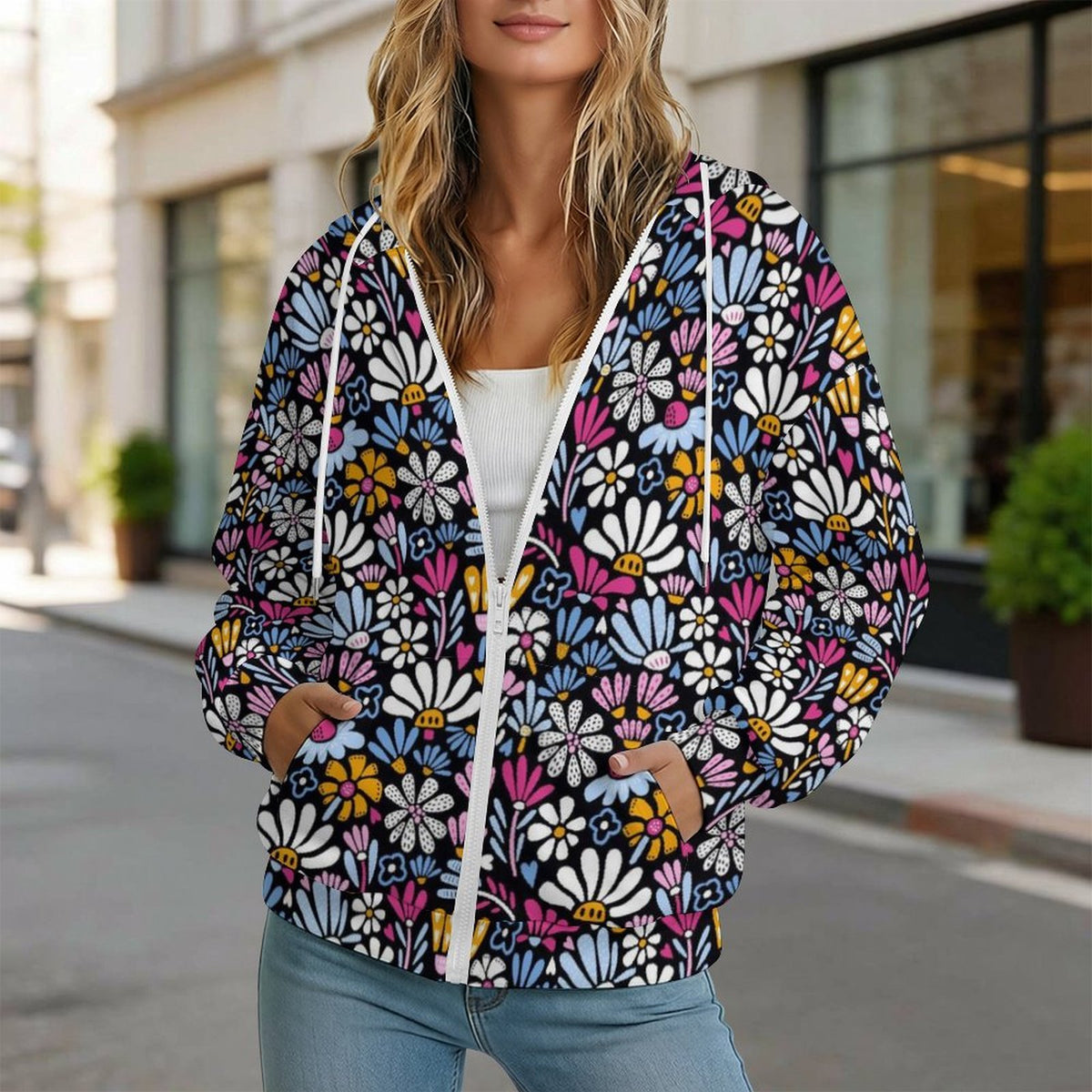 Graphic Flowers On Black Women's Full-Zip Hoodie