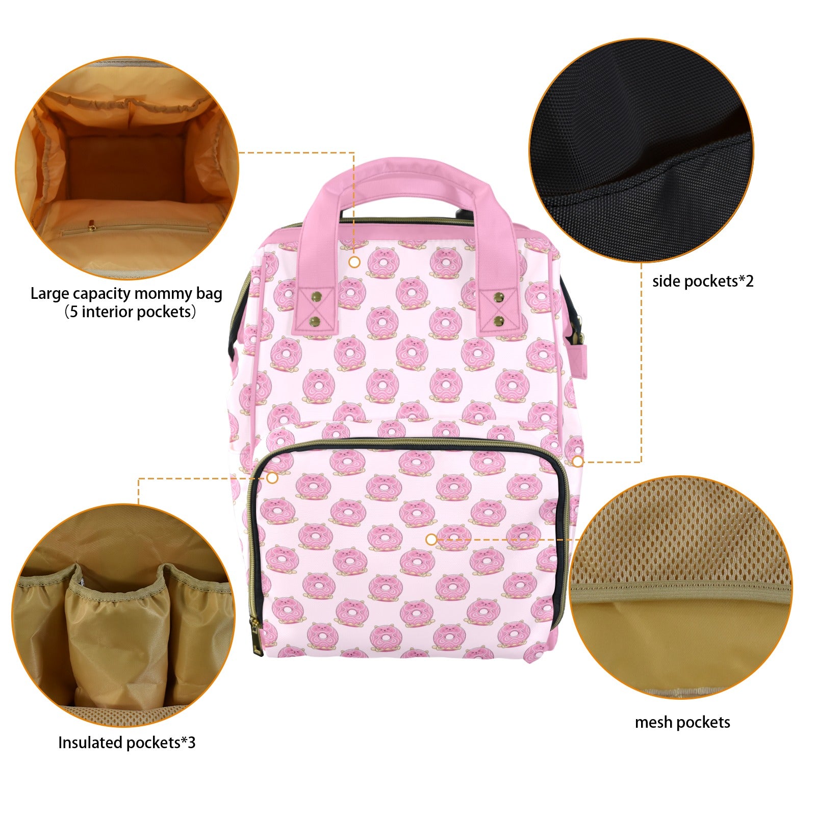 Pink Cat Doughnuts Multi-Function Backpack, Nappy / Diaper Bag Multi-function Backpack, Nappy / Diaper Bag Food Printed Offshore