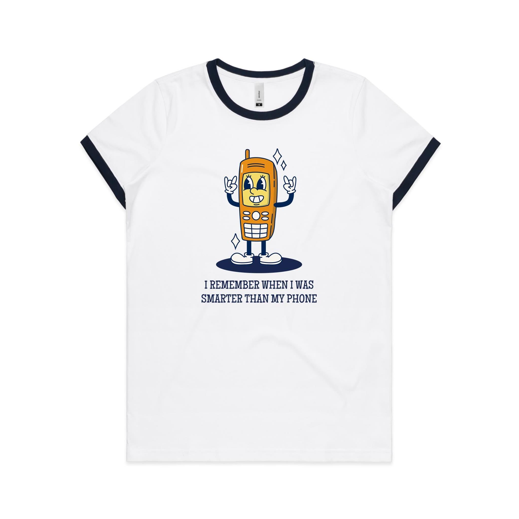 I Remember When I Was Smarter Than My Phone - Women's Ringer Tee White Navy Womens Ringer T-shirt Printed In Australia Retro Tech