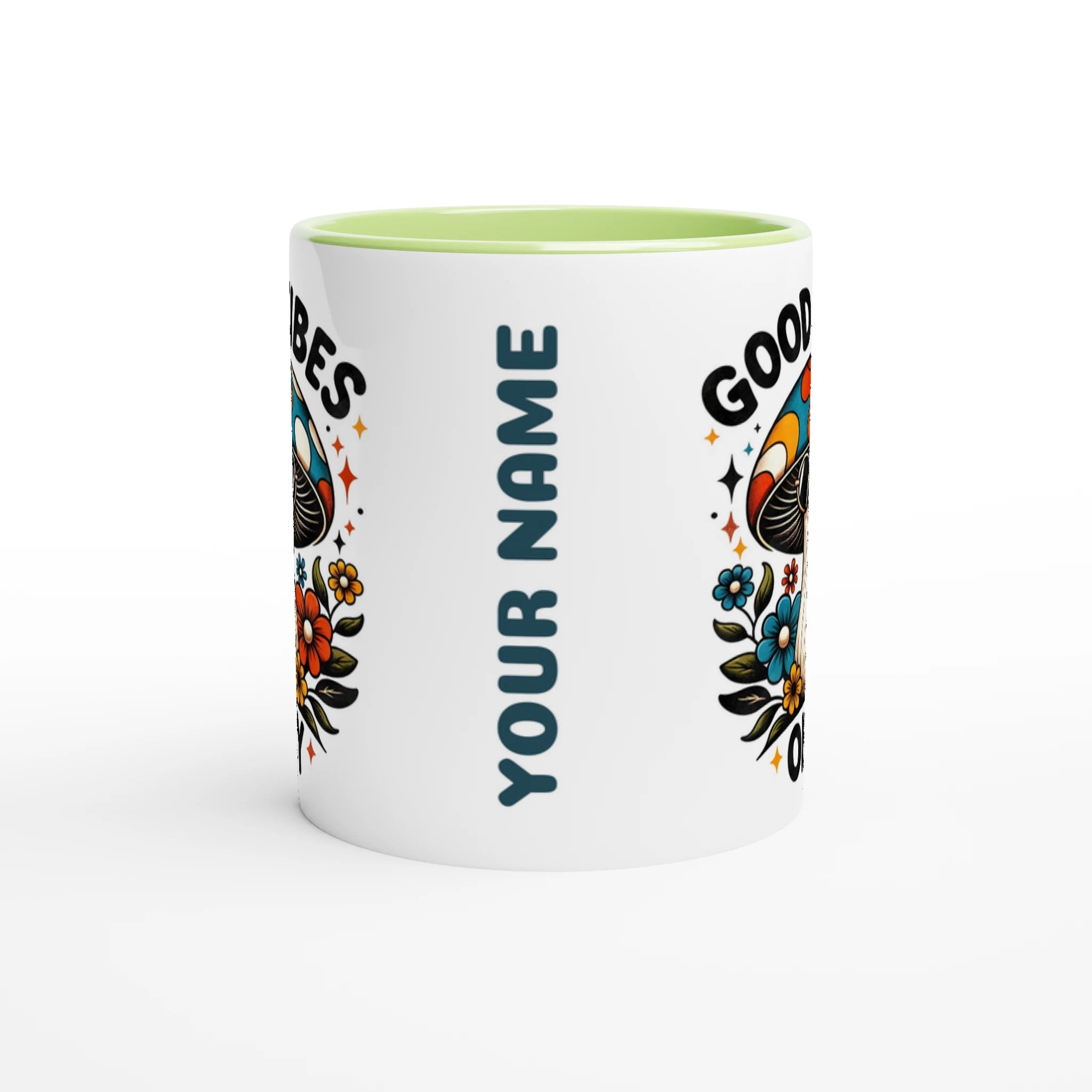 Personalised Good Vibes Only, Hippie Mushroom With Sunglasses 11oz Ceramic Mug Personalised 11oz Mug Globally Fulfilled Positivity