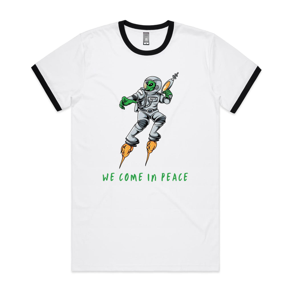 Alien, We Come In Peace - Staple Ringer Tee White Black Ringer T-Shirt Printed In Australia Sci Fi