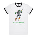 Alien, We Come In Peace - Staple Ringer Tee White Black Ringer T-Shirt Printed In Australia Sci Fi