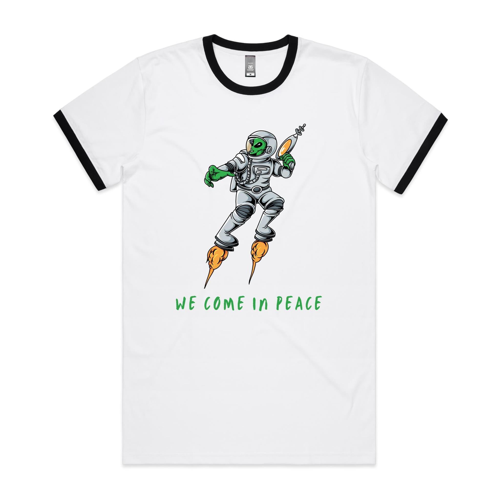 Alien, We Come In Peace - Staple Ringer Tee White Black Ringer T-Shirt Printed In Australia Sci Fi