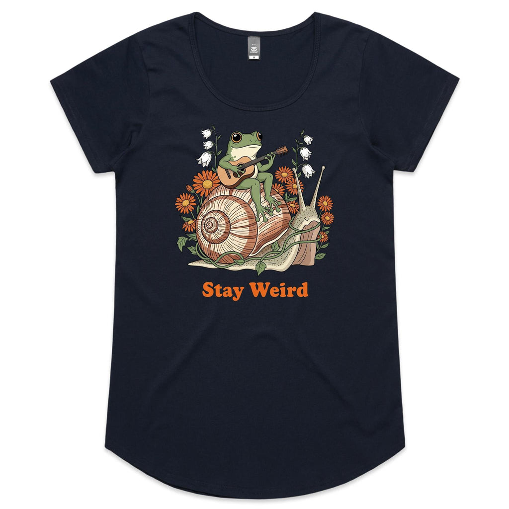 Stay Weird, Guitar Playing Frog On A Snail Women's AS Colour Scoop Neck T-Shirt Navy Womens Scoop Neck T-shirt animal Music Printed In Australia