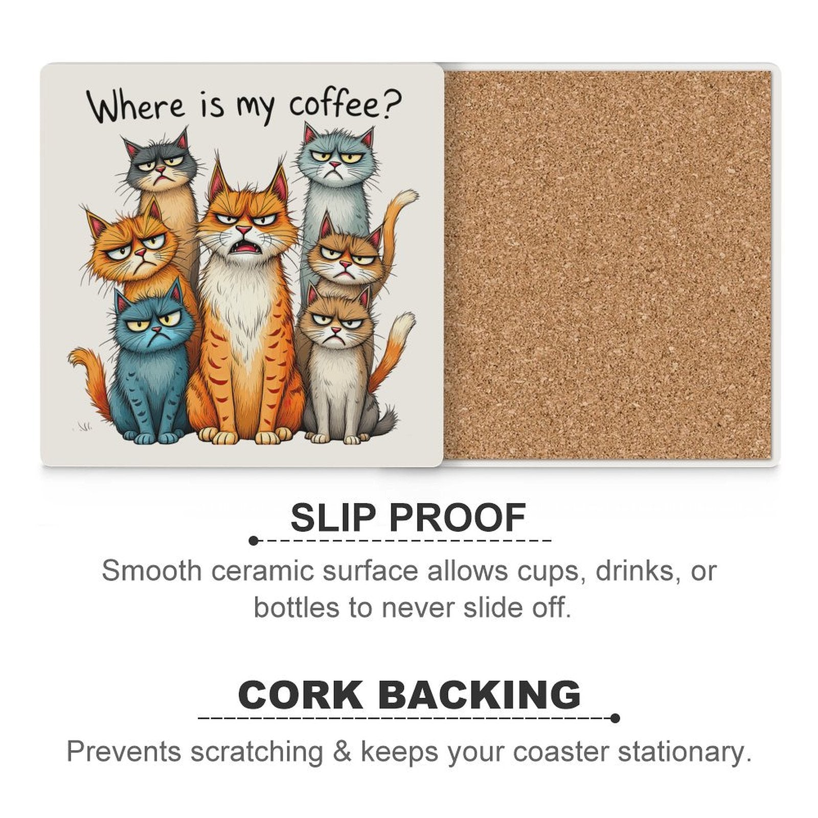 Where Is My Coffee, Cats - Ceramic Coasters (Square) Ceramic Coasters animal Coffee Printed Offshore