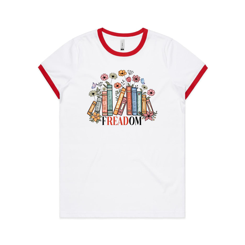 Freedom, Reading Books - Women's Ringer Tee White Red Womens Ringer T-shirt Printed In Australia Reading