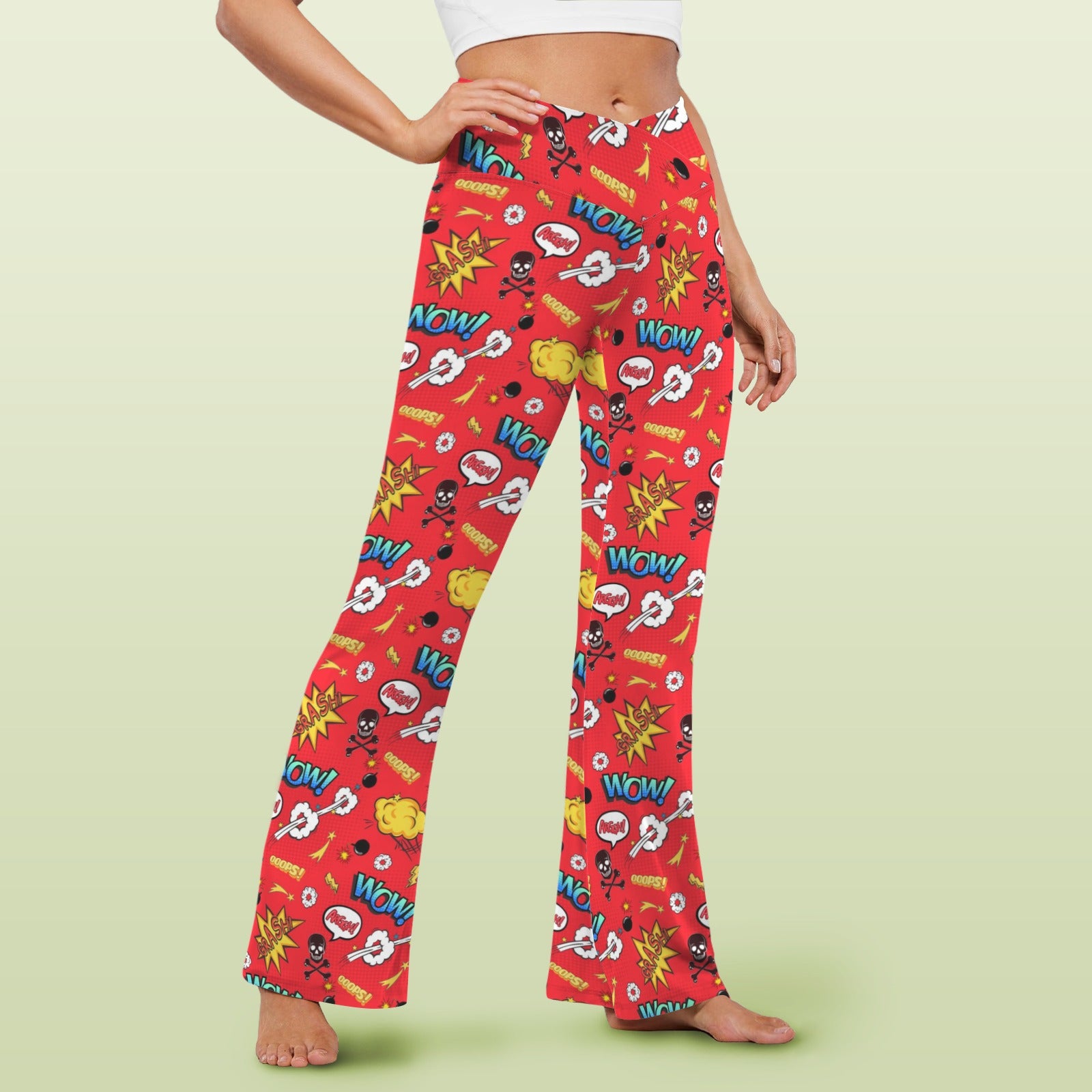 Comic Book Red High Waist Crossover Tummy Control Flare Leggings High Waist Flare Leggings comic Printed Offshore
