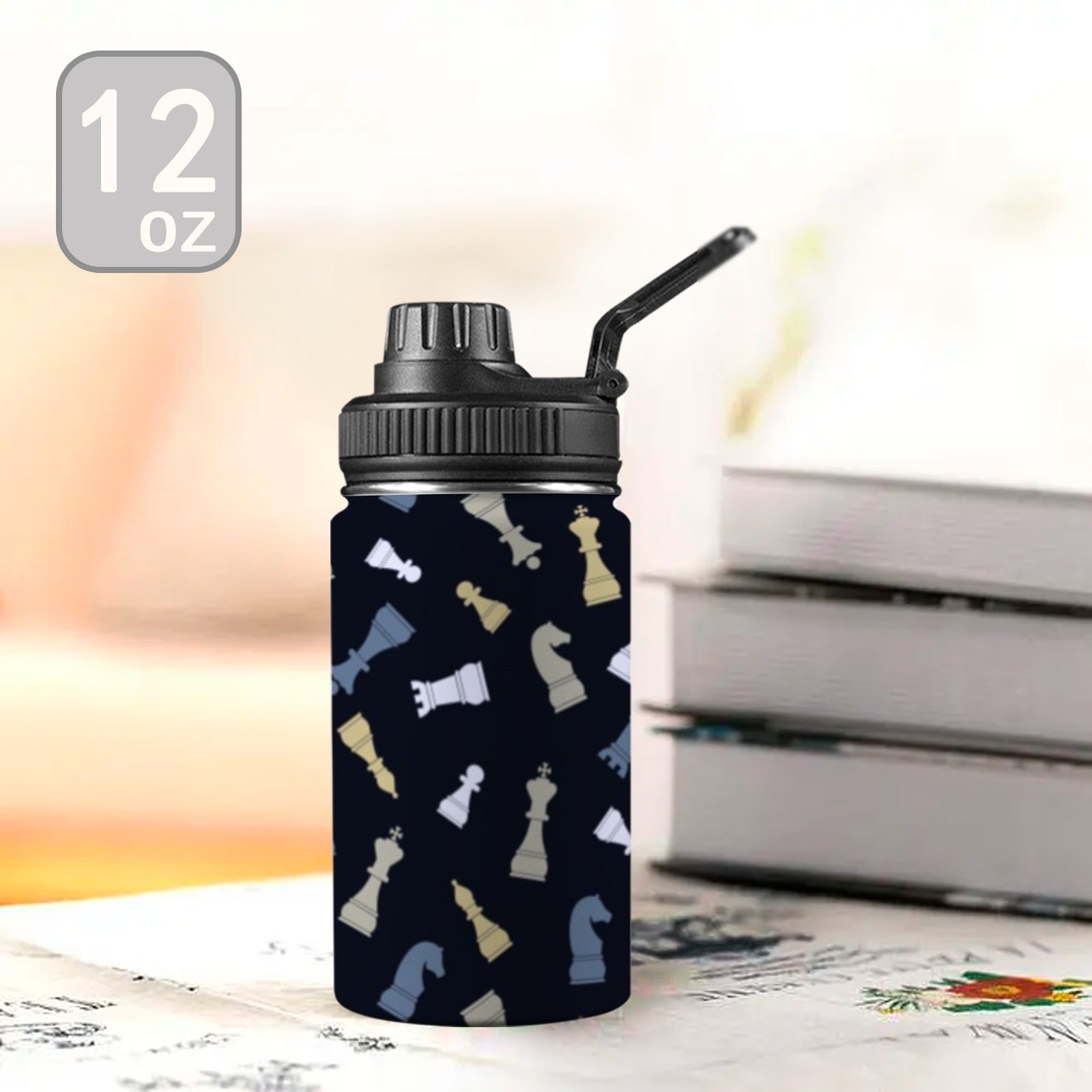 Chess Pattern - Kids Water Bottle with Chug Lid (12 oz) Kids Water Bottle with Chug Lid Chess Games Printed Offshore