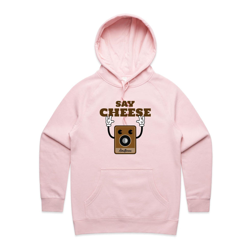Say Cheese, Retro Camera - Womens Hoodie Pink Womens Hoodie Printed In Australia Retro Tech