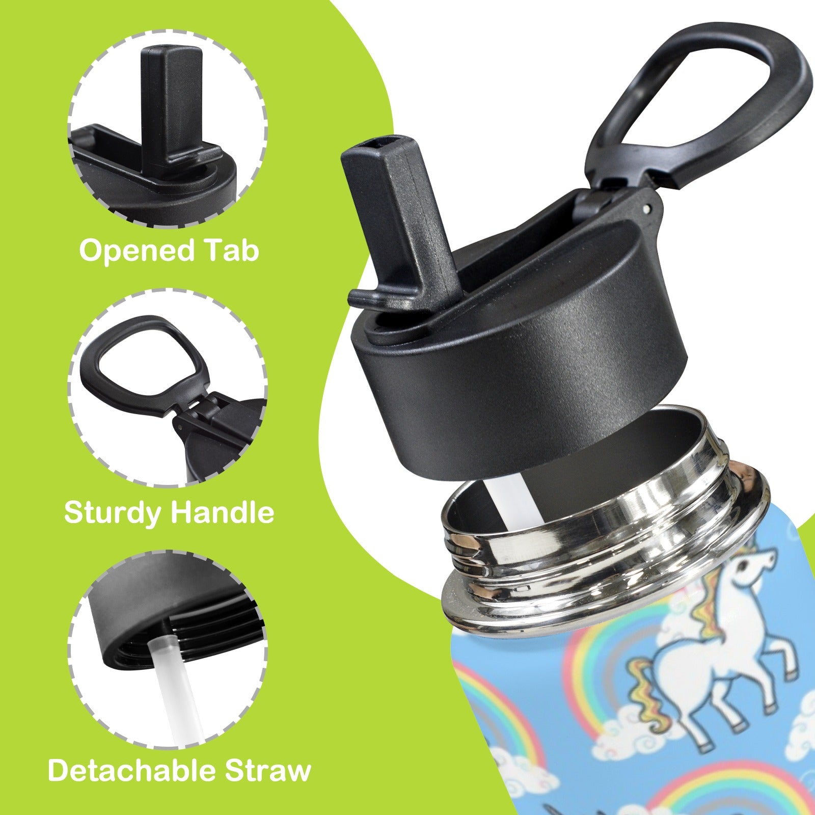 Cute Unicorn Rainbow 12oz Kids Water Bottle with Straw Lid