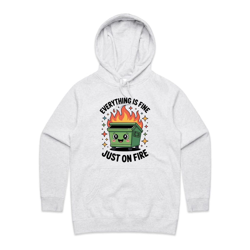 Skip Bin, Dumpster Fire Women's AS Colour Hoodie White Marle Womens Hoodie Printed In Australia