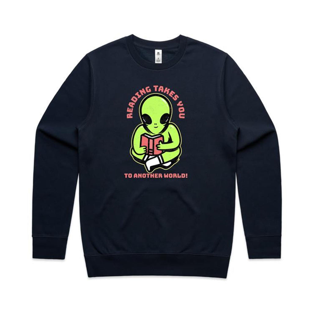 Reading Takes You To Another World, Alien - AS Colour Stencil Crew Sweatshirt Navy Sweatshirt Printed In Australia Reading Sci Fi