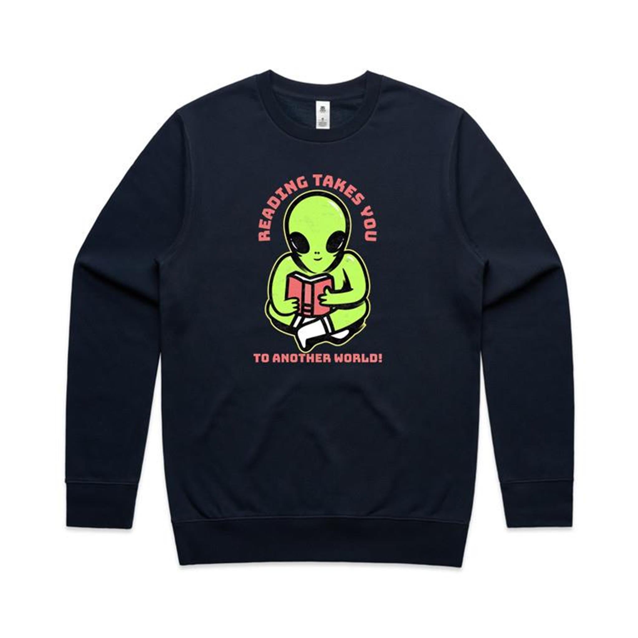 Reading Takes You To Another World, Alien - AS Colour Stencil Crew Sweatshirt Navy Sweatshirt Printed In Australia Reading Sci Fi