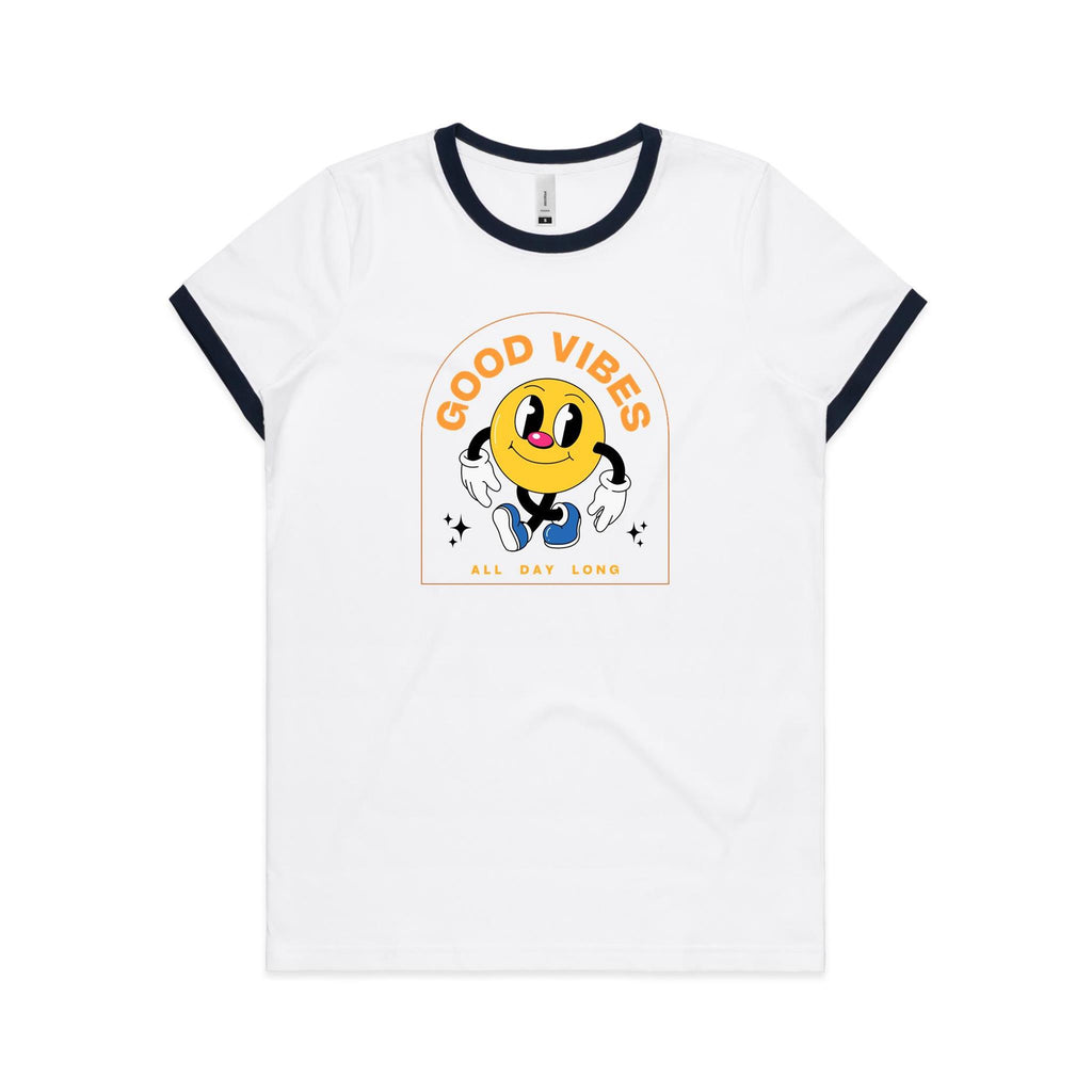 Good Vibes All Day Long - Women's Ringer Tee White Navy Womens Ringer T-shirt Positivity Printed In Australia