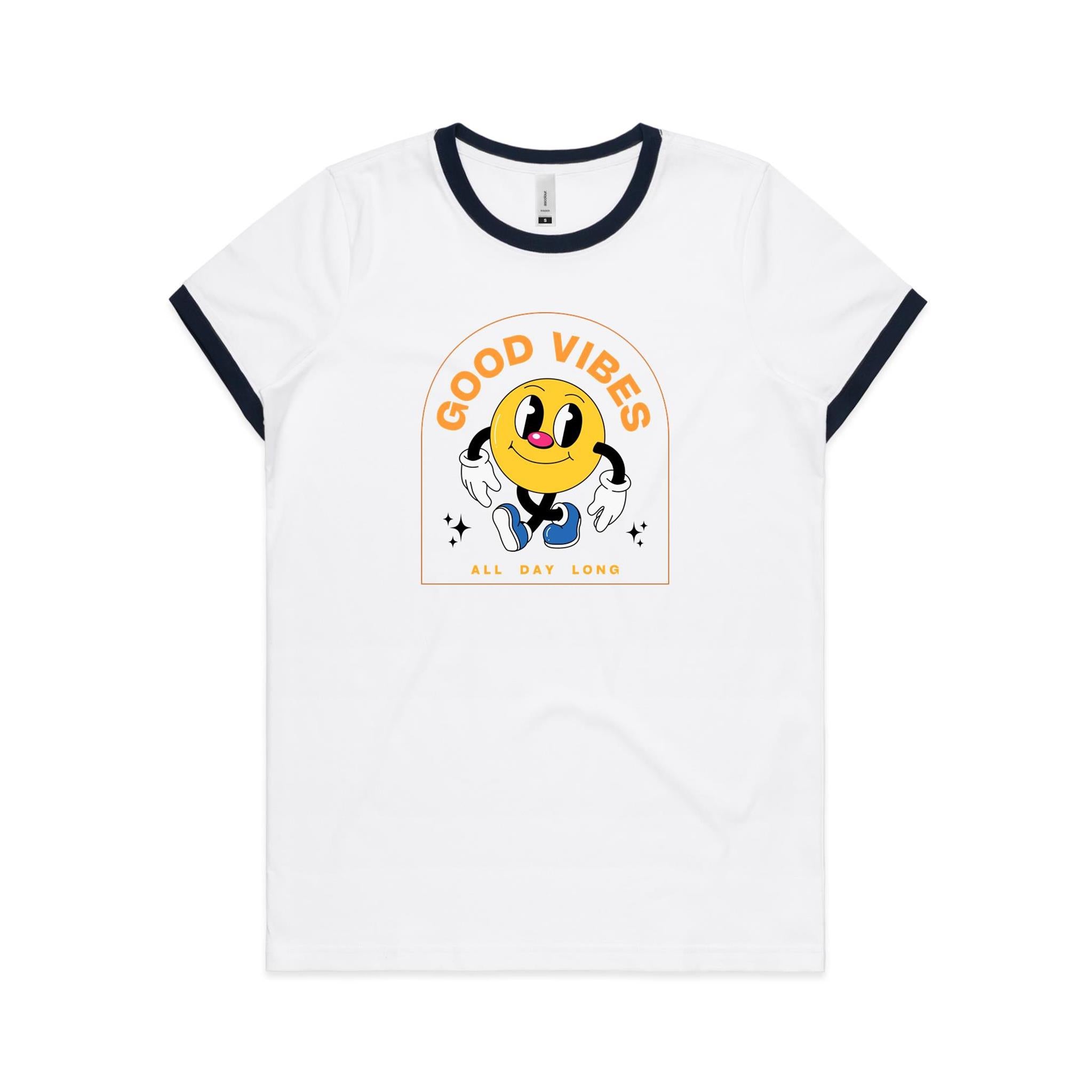 Good Vibes All Day Long - Women's Ringer Tee White Navy Womens Ringer T-shirt Positivity Printed In Australia