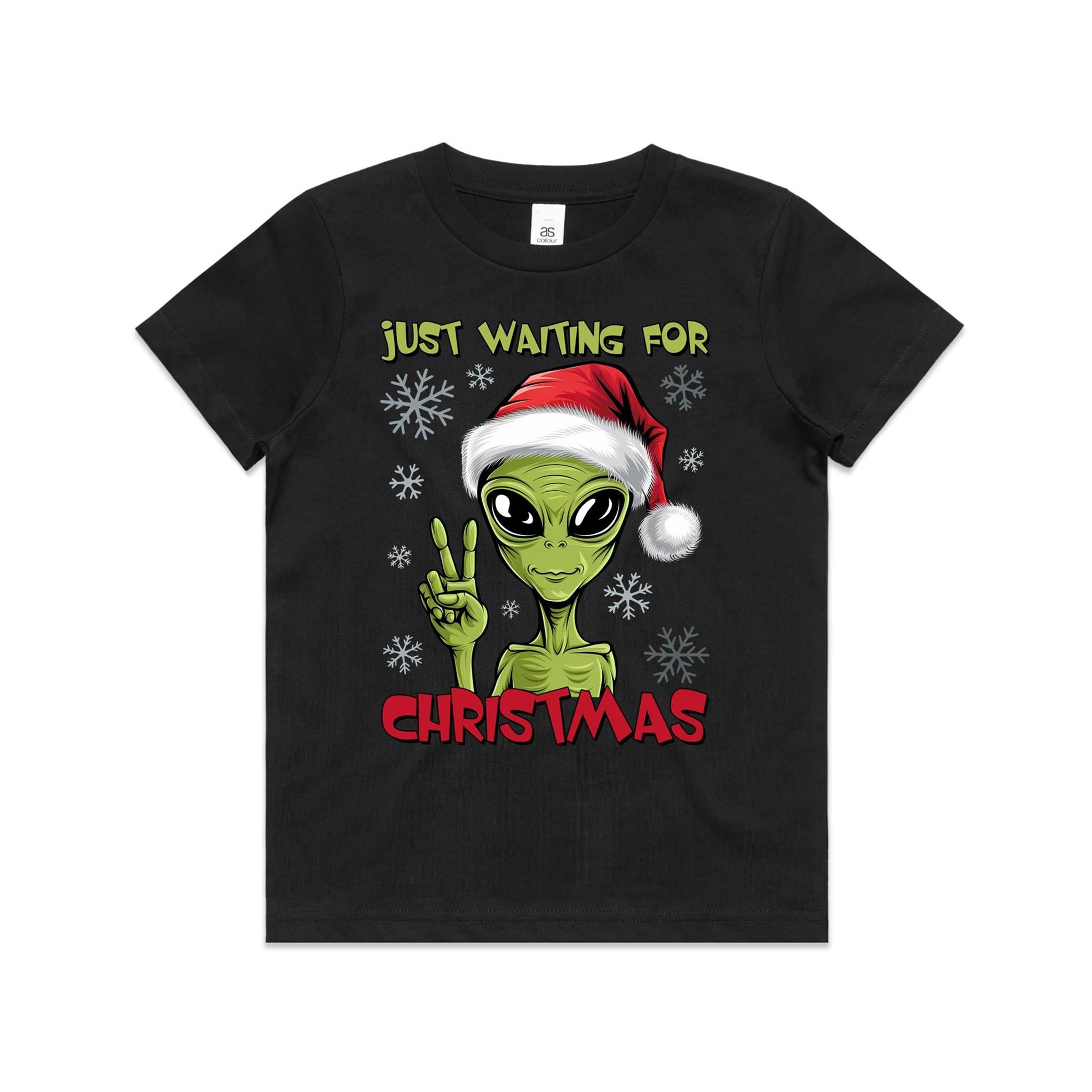 Just Waiting For Christmas, Alien - Kids Youth T-shirt Black Kids Christmas T-shirt Christmas Printed In Australia