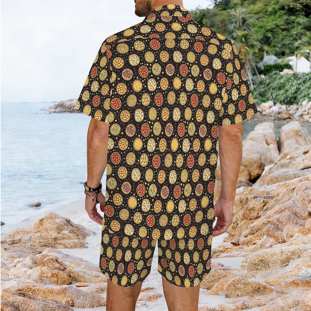 Round Pizzas On Black Men's Hawaiian Shirt & Shorts Set Men's Hawaiian Shirt & Shorts Set Food Printed Offshore