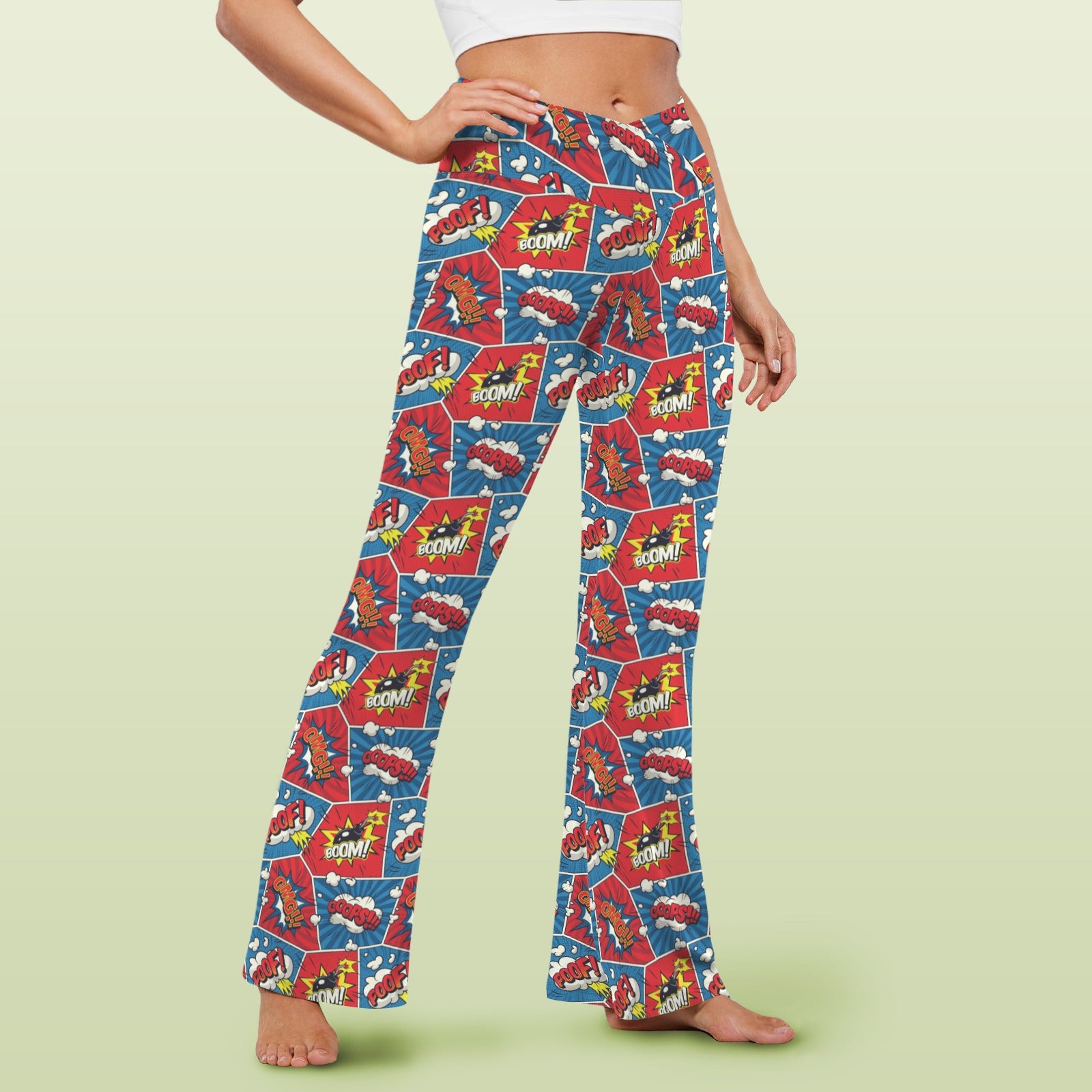 Comic Book Cells High Waist Crossover Tummy Control Flare Leggings High Waist Flare Leggings comic Printed Offshore