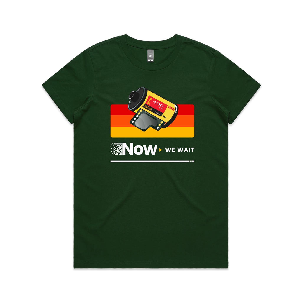 Camera Film, Now We Wait Women's AS Colour T-shirt Forest Green Womens T-shirt Printed In Australia Retro