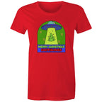 Merry Christmas Earthlings, UFO - Womens T-shirt Red Womens Christmas T-shirt Christmas Printed In Australia