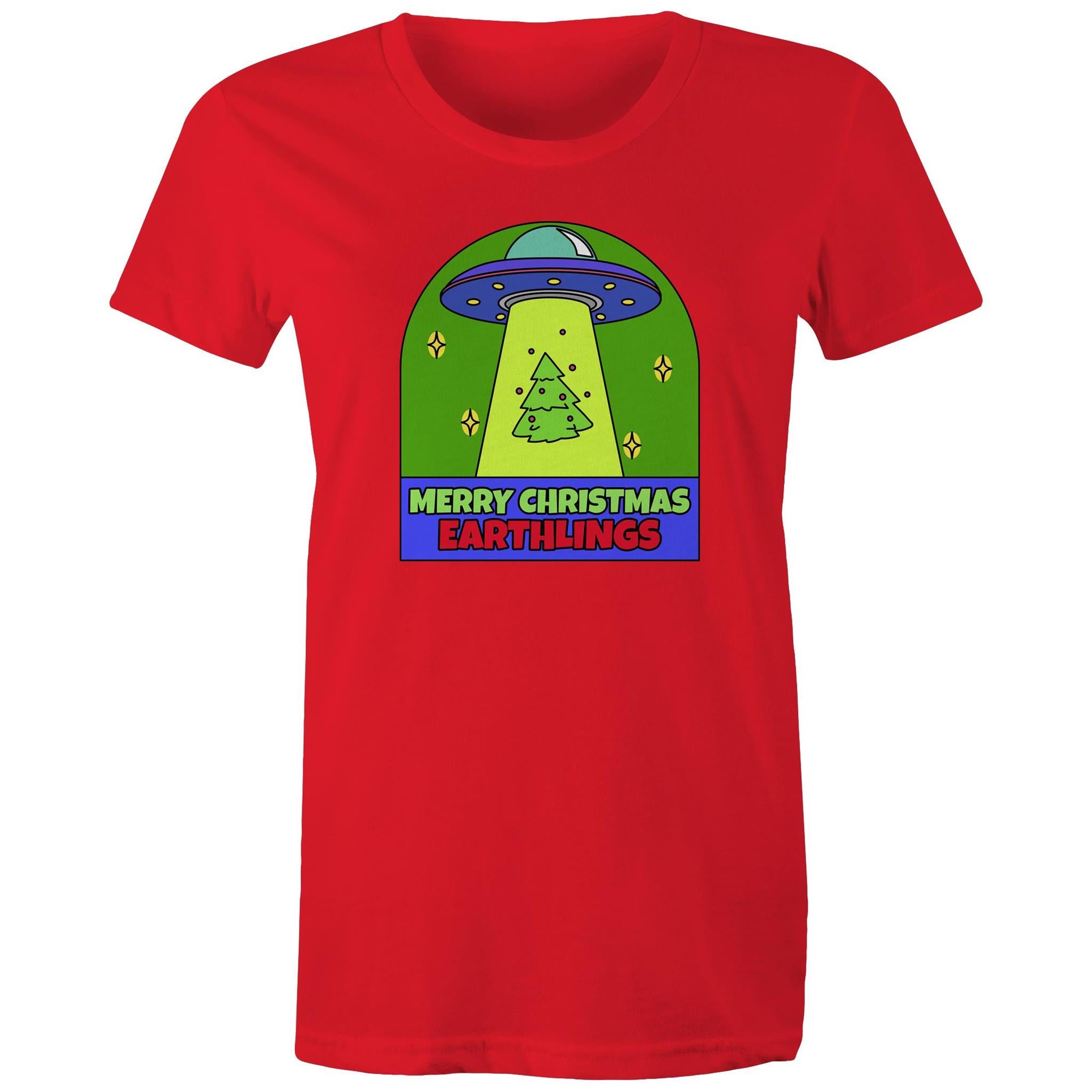 Merry Christmas Earthlings, UFO - Womens T-shirt Red Womens Christmas T-shirt Christmas Printed In Australia