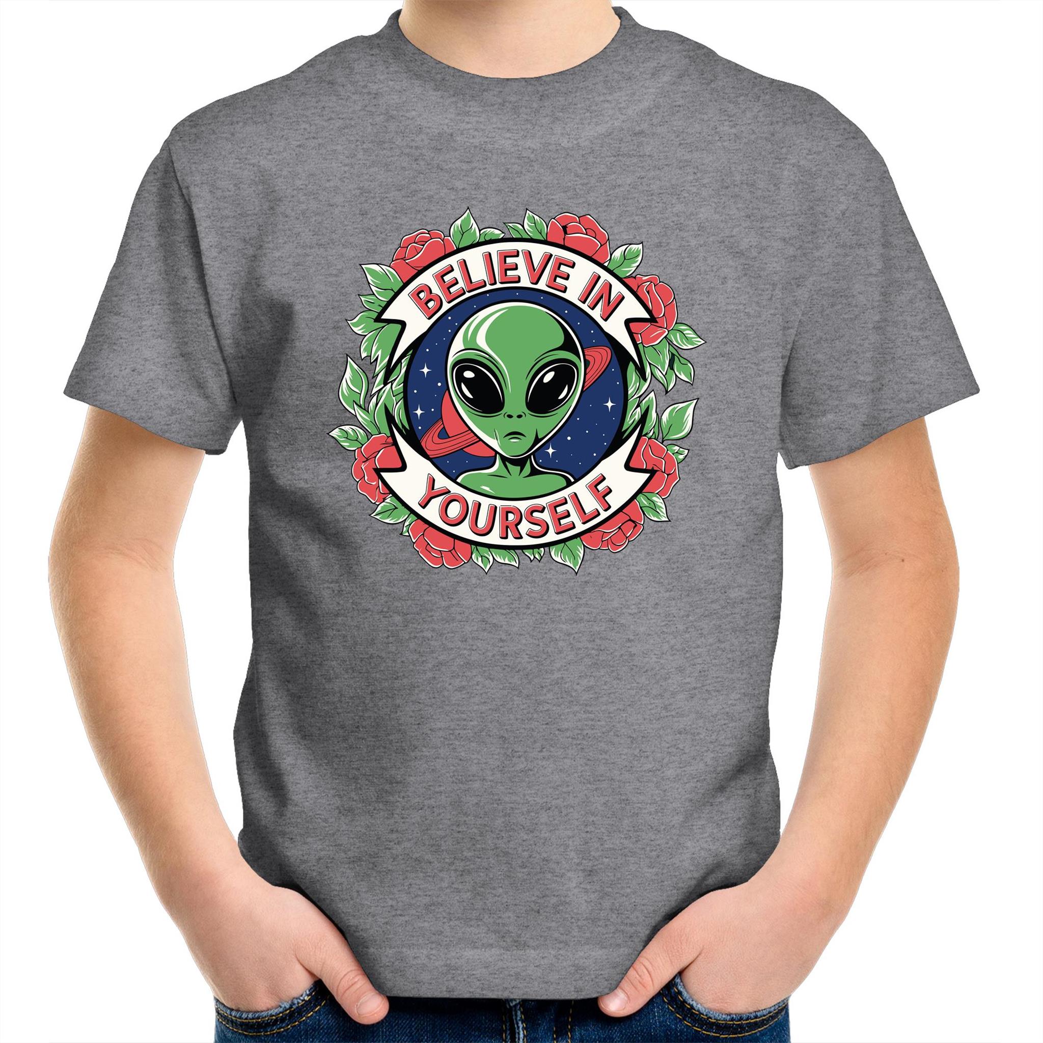Believe In Yourself, Alien - Kids Youth T-shirt Grey Marle Kids Youth T-shirt Motivation Positivity Printed In Australia Sci Fi