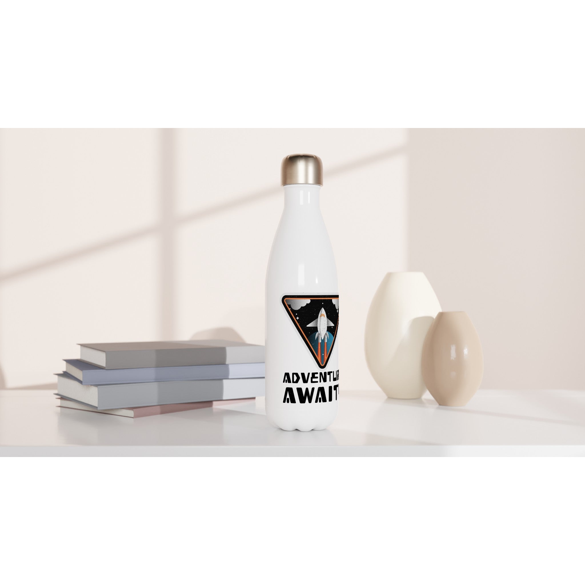 Adventure Awaits - White 17oz Stainless Steel Water Bottle White Water Bottle Globally Fulfilled kids Space