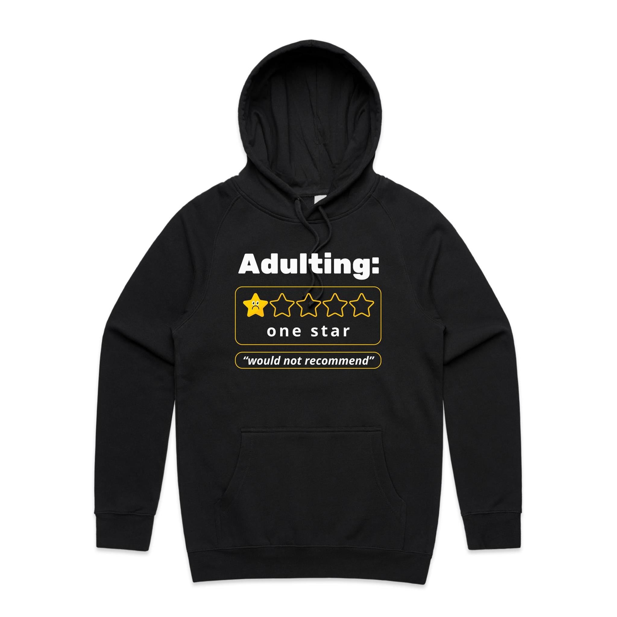Adulting, One Star - Mens Hoodie Black Mens Hoodie Printed In Australia
